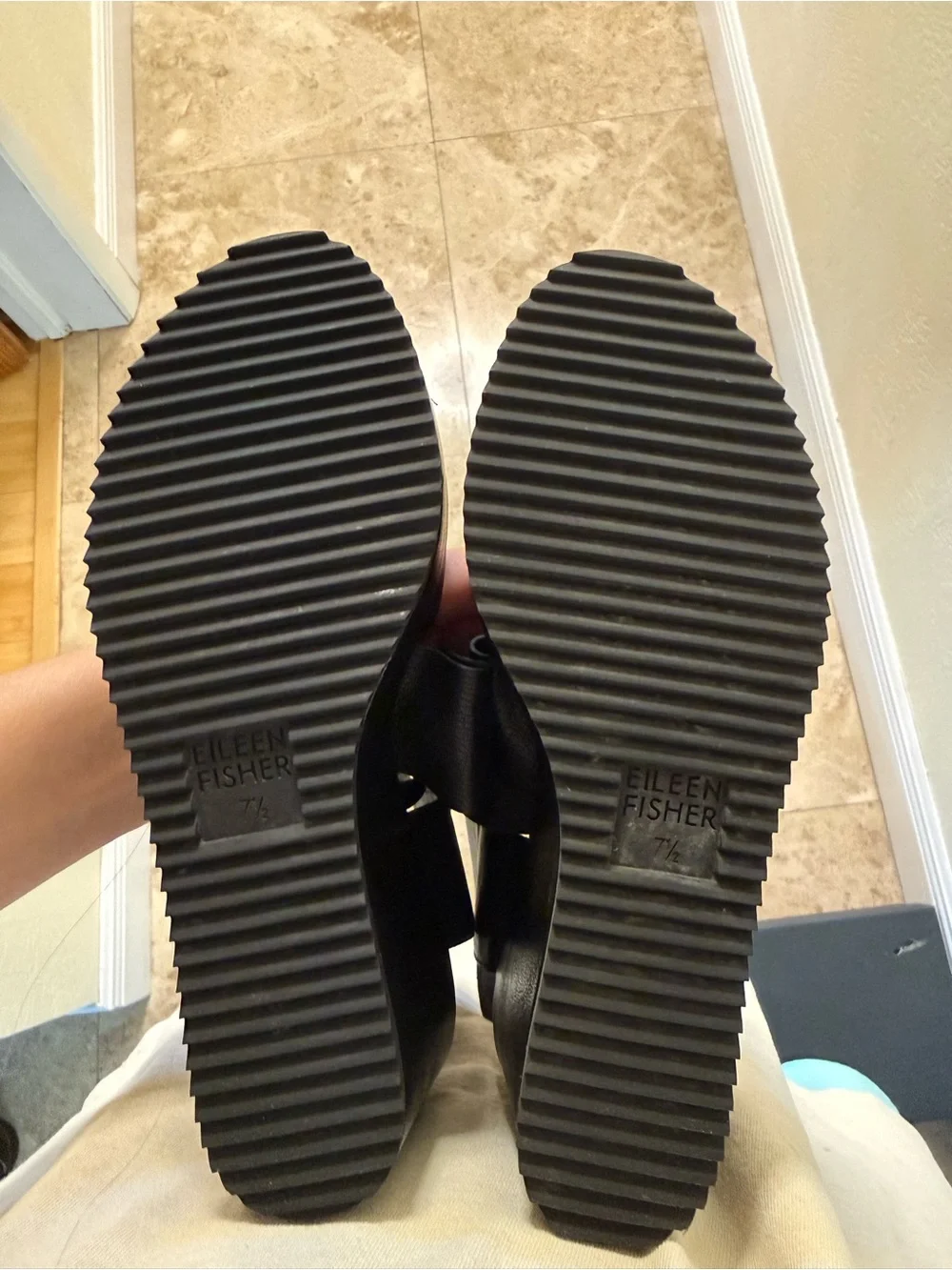 Eileen Fisher Black Leather Crossover Wedge Sandals